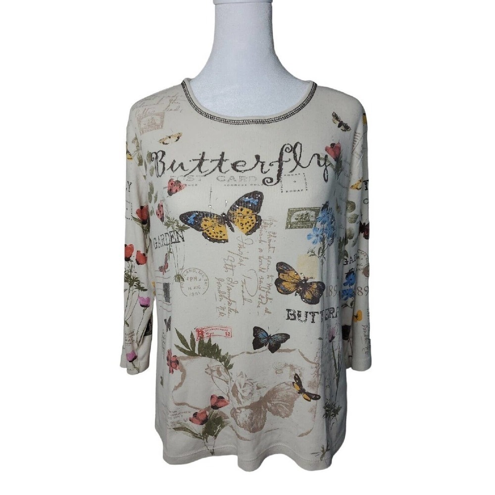 Jess Jane Sz S Floral Butterfly Postcard Top Beige Rhinestone Shirt 3/4 Sleeve
